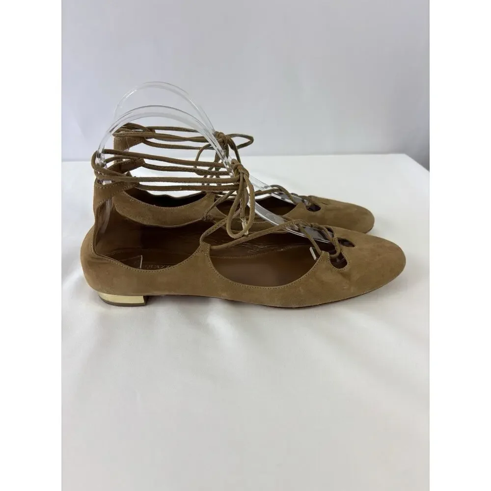 Aquazzura Firenze Dancer Lace Up Ballet Flats Camel Brown Tan Suede 38 7.5
